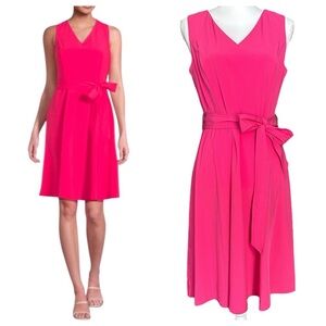 CALVIN KLEIN Pink Sleeveless Dress sz 6 Fit & Flare V-neck Knee Length Tie Waist